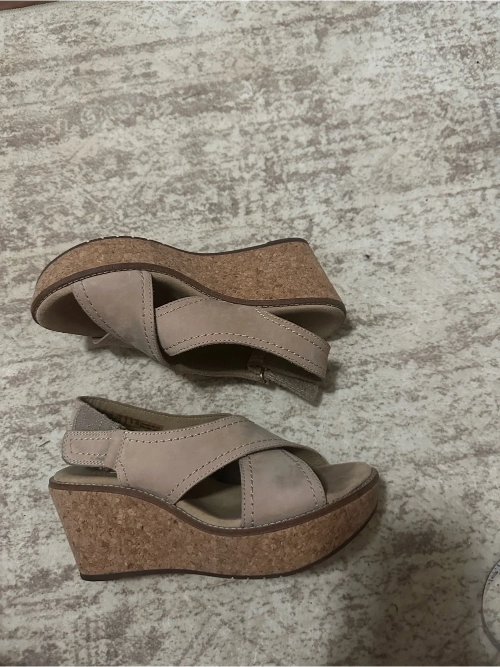 Clarks Collection Nubuck Cork Wedge Sandals Taupe Beige Velcro Comfort Shoes